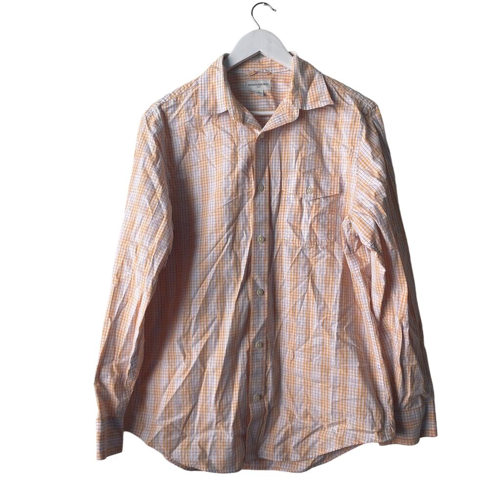 Banana Republic Men's White & Peach Cotton Check Notch Collar L/S Shirt -15-15.5